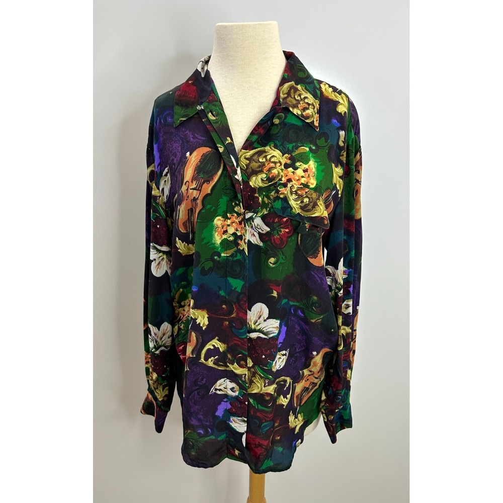 Dahan Vintage 100% Silk Violin Floral Baroque Button Up Shirt Medium Luxury Top - Picture 2 of 13
